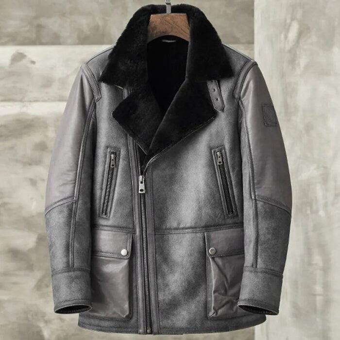 Men's Metallic Gray B3 Shearling Bomber Jacket - Genuine Leather Coat