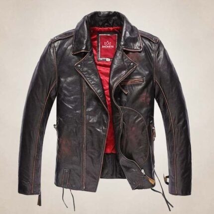Men’s Pilot Style Biker Leather Jacket with Red Lining