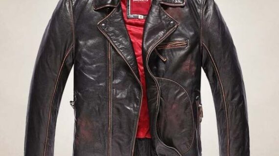 Men’s Pilot Style Biker Leather Jacket with Red Lining