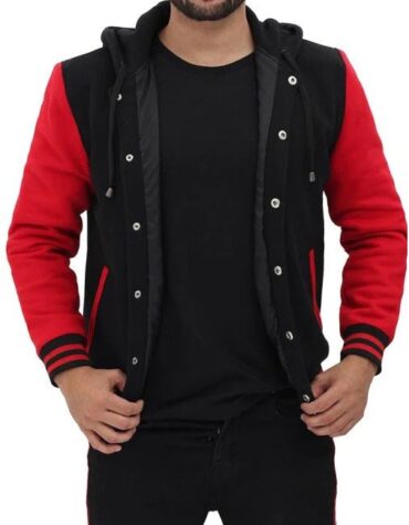 Red And Black Baseball Hooded Varsity Jacket