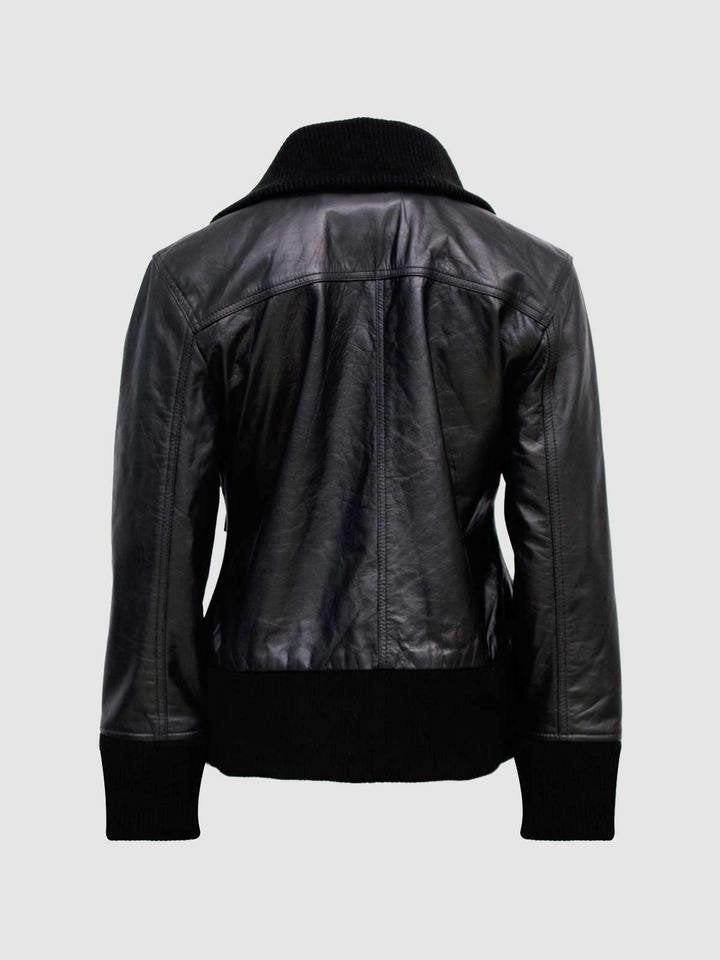 Women_sFour-PocketBlackLeatherBo (1) Women's Four-Pocket Black Leather Bomber Jacket
