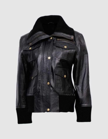Women's Four-Pocket Black Leather Bomber Jacket