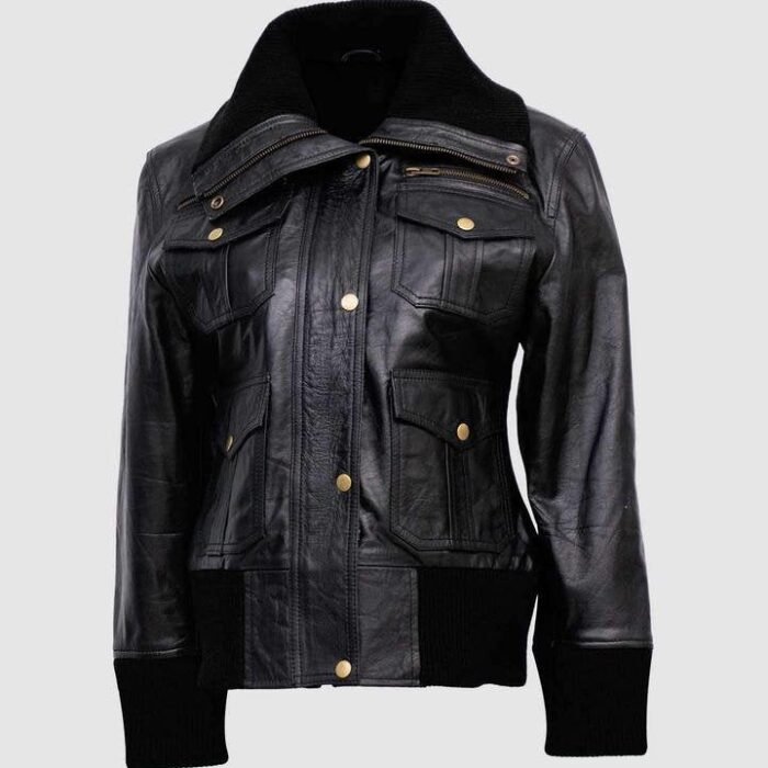 Women's Four-Pocket Black Leather Bomber Jacket