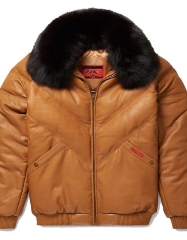 Brown V-Bomber Leather Jacket for Men