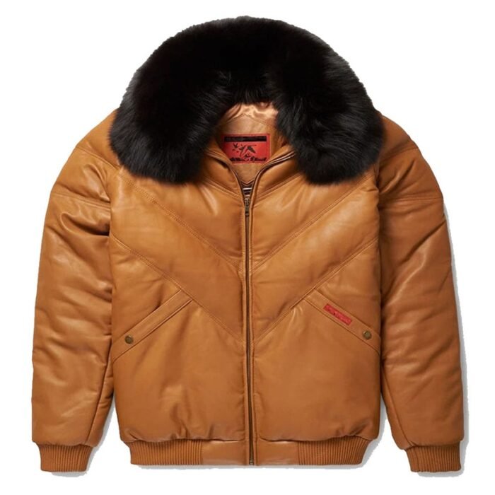 Brown V-Bomber Leather Jacket for Men