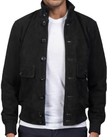 Men Black Suede Leather Bomber Jacket