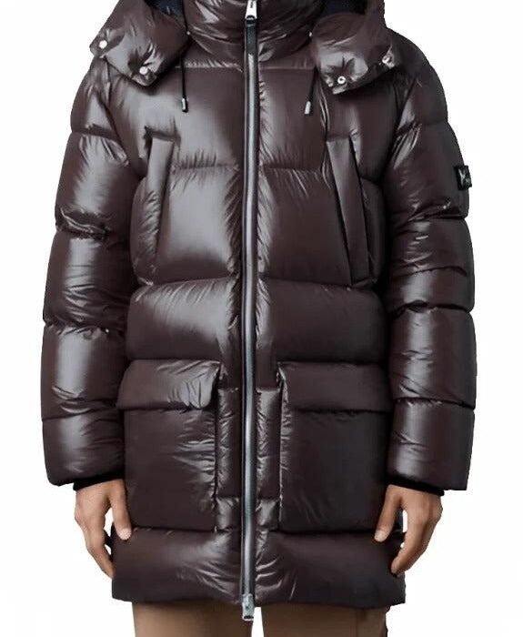 Men's Chocolate Brown Trench Puffer Coat with Removable Hood