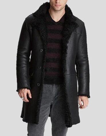 Men's Black Shearling Leather Trench Coat