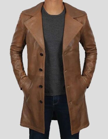 Men's Distressed Brown Winter Car Leather Trench Coat