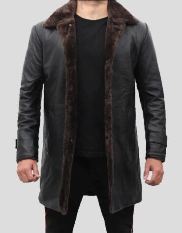 Men's Shearling Lined Black Leather Trench Coat
