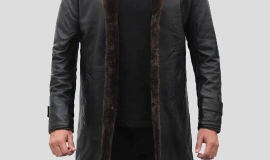 Men's Shearling Lined Black Leather Trench Coat