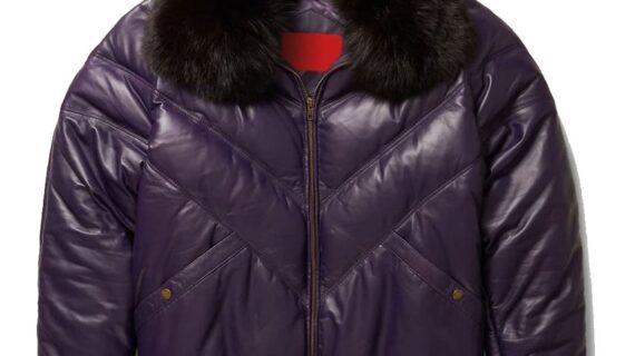 Stylish Purple Leather V-Bomber Jacket