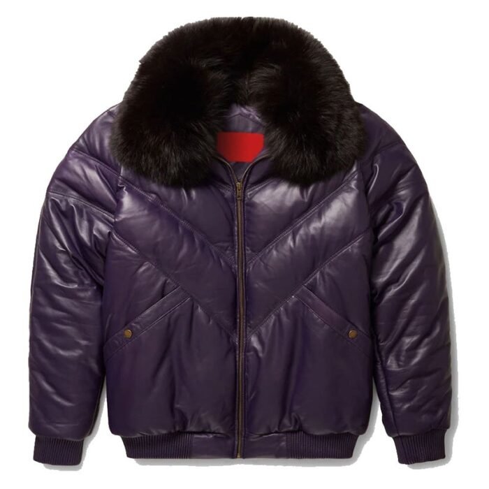 Purple Leather V-Bomber Jacket