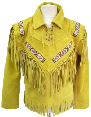 Unisex Yellow Suede Leather Jacket - Vintage Cow-boy Fringes & Beads Coat