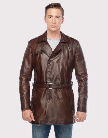 Vintage Brown Leather Trench Coat for Men