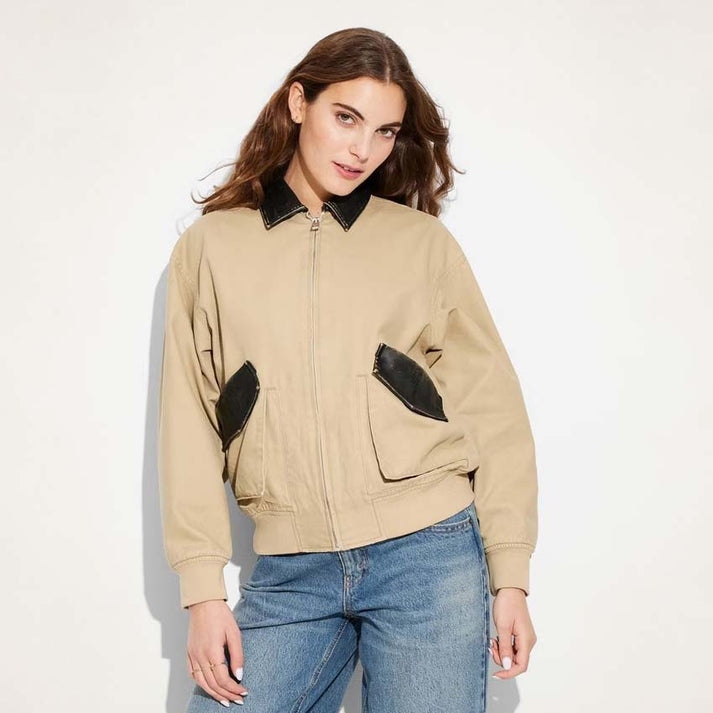 womens-faux-leather-canvas-bombe Women's Faux Leather & Canvas Bomber Jacket – Wild Fable Style