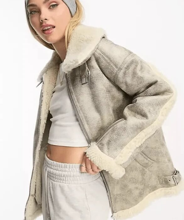 Women's White Distressed Bomber Leather Jacket