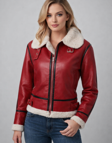 Red Leather Shearling Jacket | Warm & Stylish