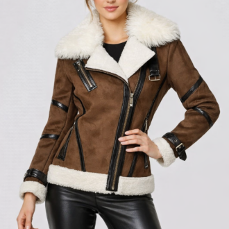 Women's Brown Bomber Asymmetrical Shearling Leather Jacket