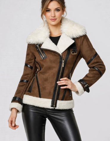 Women's Brown Bomber Asymmetrical Shearling Leather Jacket