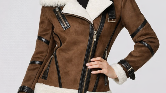 Womens Brown Bomber Asymmetrical Shearling Leather Jacket