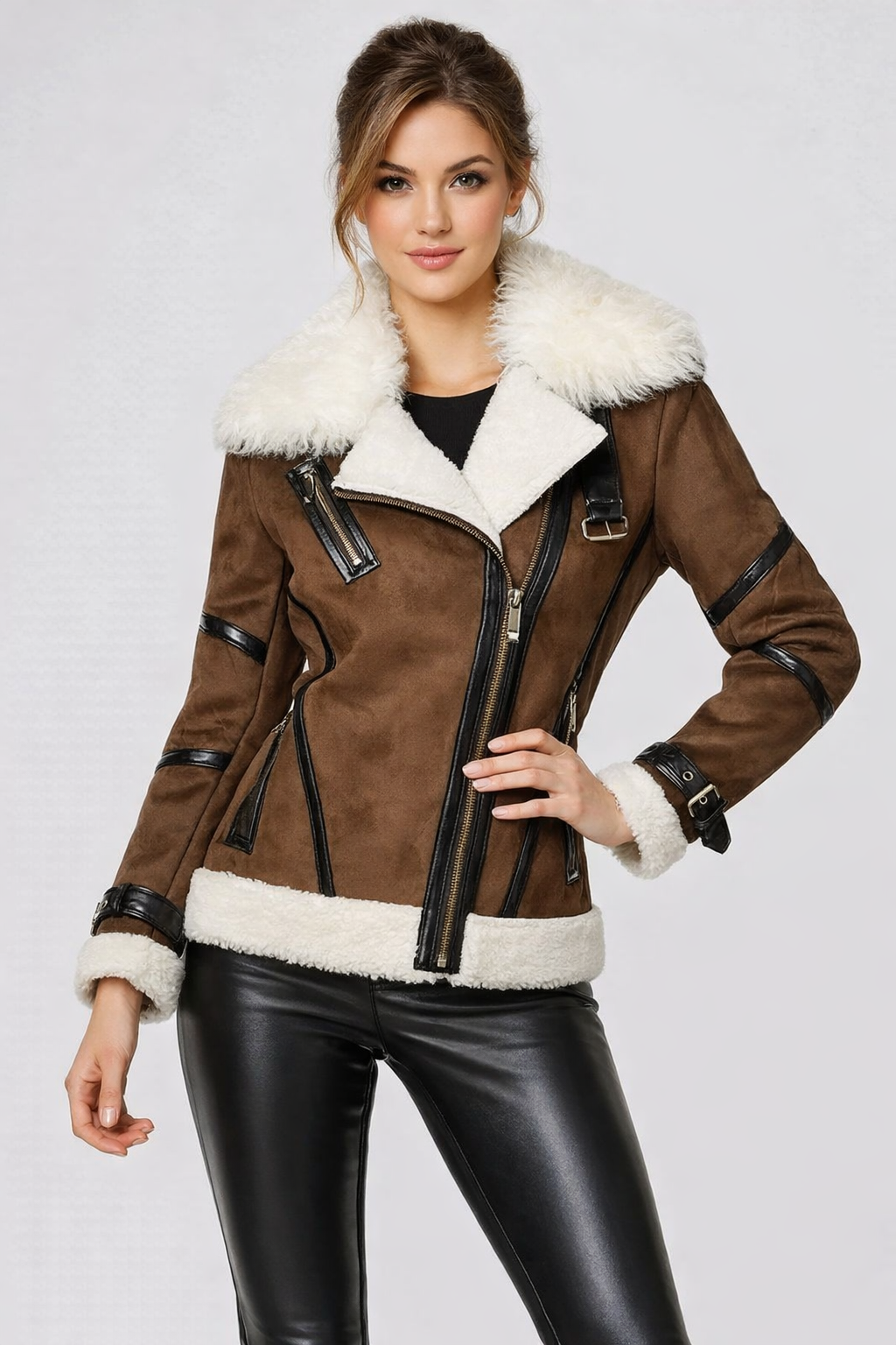 Women's Brown Bomber Asymmetrical Shearling Leather Jacket Women's Brown Bomber Asymmetrical Shearling Leather Jacket