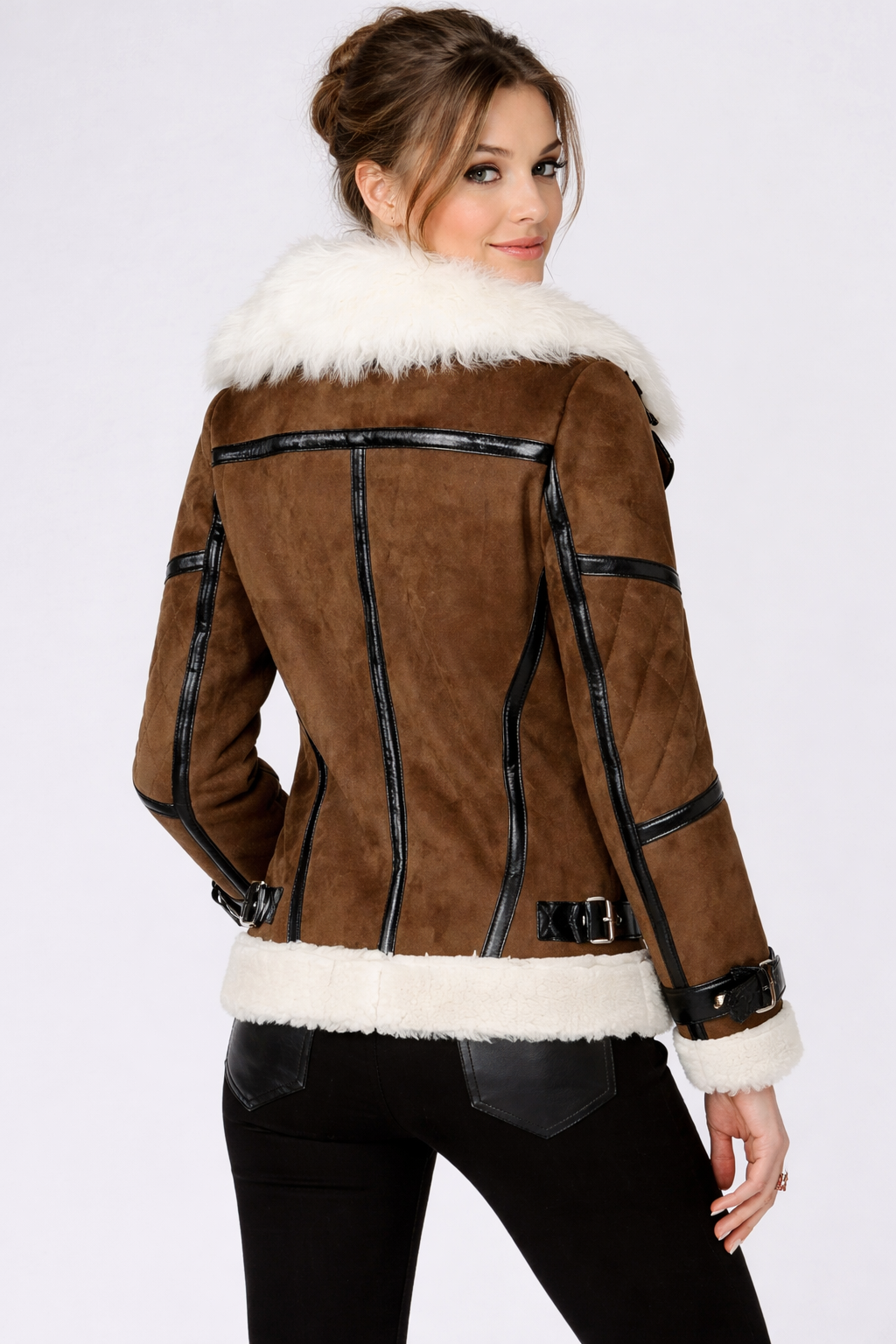 Women's Brown Bomber Asymmetrical Shearling Leather Jacket Women's Brown Bomber Asymmetrical Shearling Leather Jacket