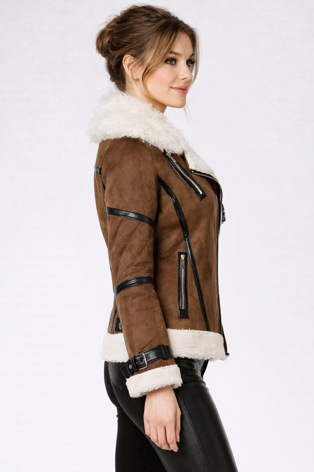 Women's Brown Bomber Asymmetrical Shearling Leather Jacket Women's Brown Bomber Asymmetrical Shearling Leather Jacket