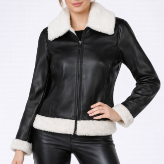 Women's Black Leather Flight Jacket | Shearing Collar