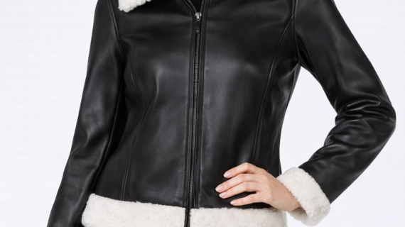 Women's Black Leather Flight Jacket With Shearing Collar