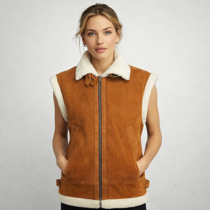 Brown Suede and Faux-Shearling Vest for Women