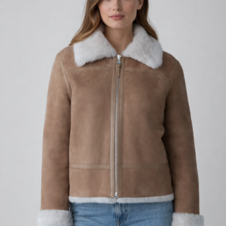 Brown Shearling Leather Bomber Jacket for Women