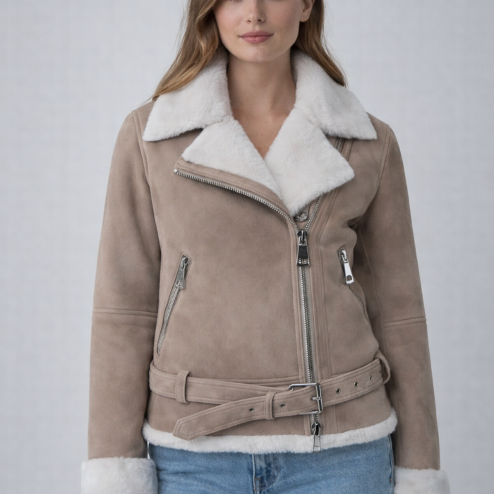 Beige Faux Suede Shearling Jacket for Women