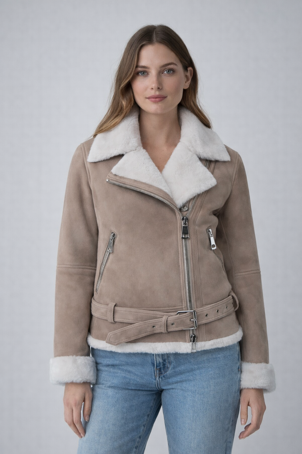 Beige Faux Suede Shearling Jacket for Women Beige Faux Suede Shearling Jacket for Women