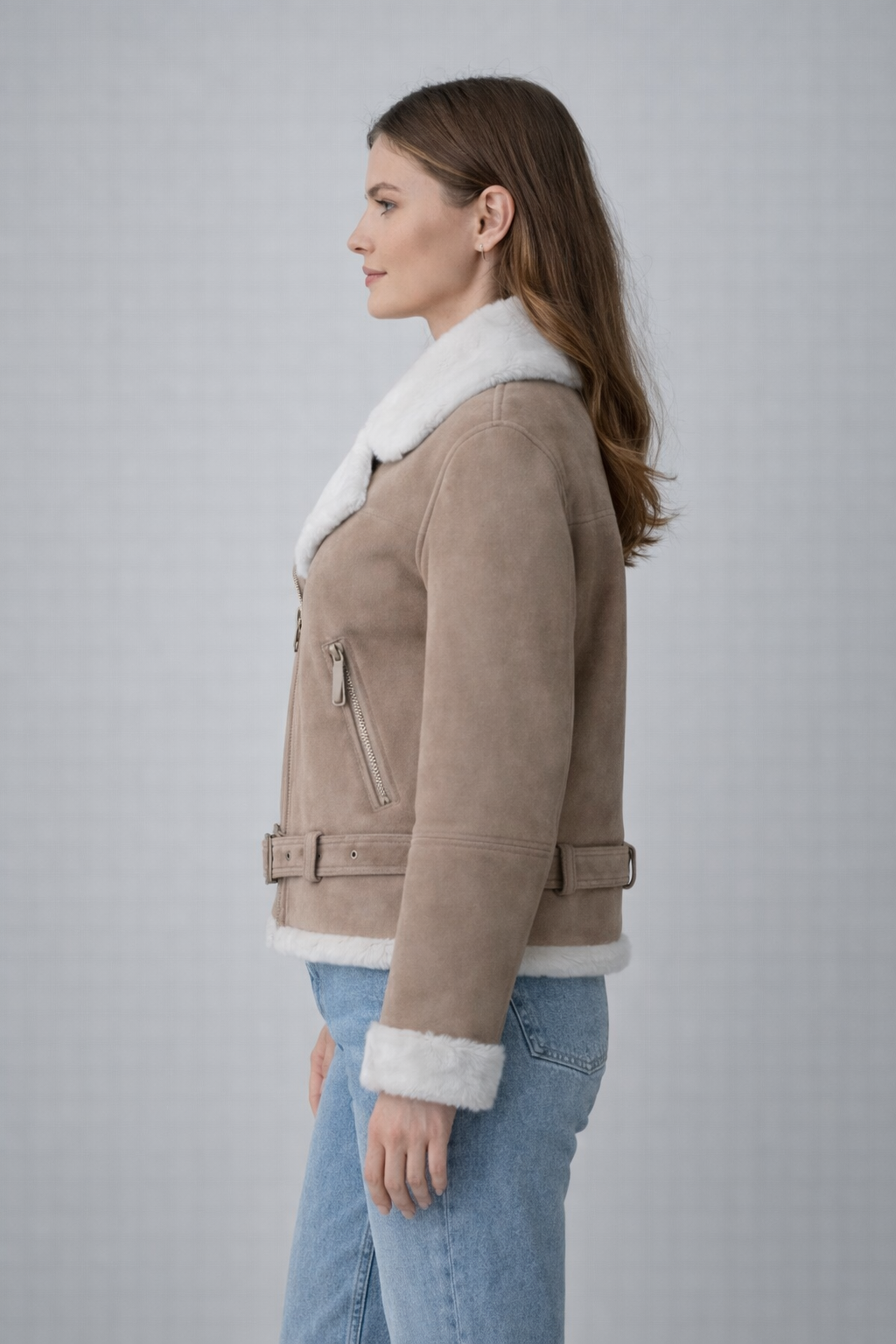 Beige Faux Suede Shearling Jacket for Women Beige Faux Suede Shearling Jacket for Women