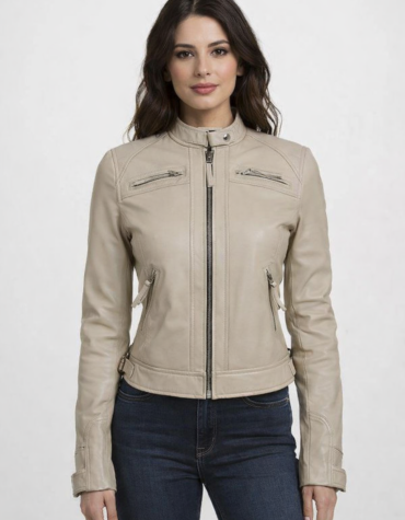 Women's Beige Lambskin Leather Jacket