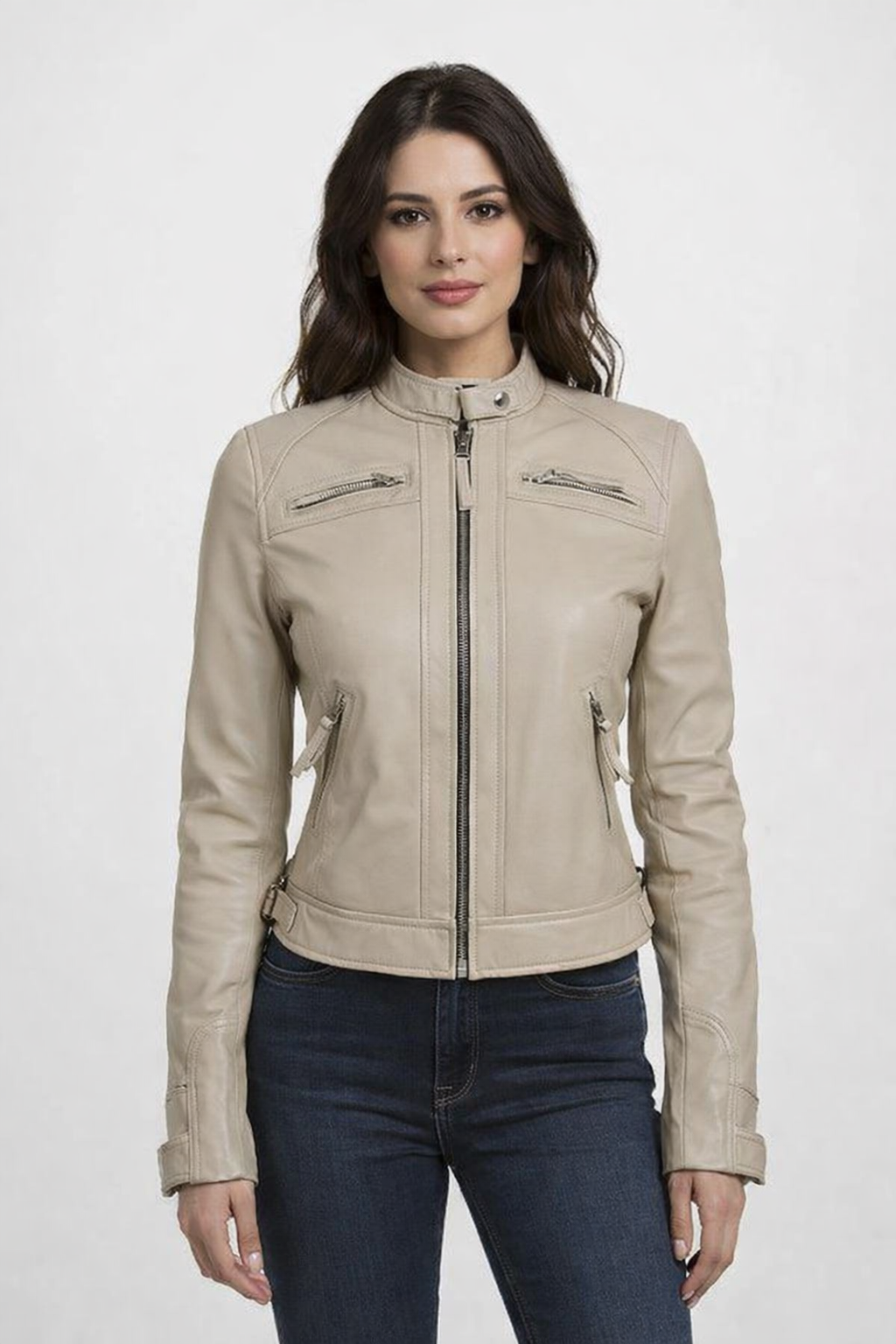 Women's Beige Lambskin Leather Jacket Women's Beige Lambskin Leather Jacket