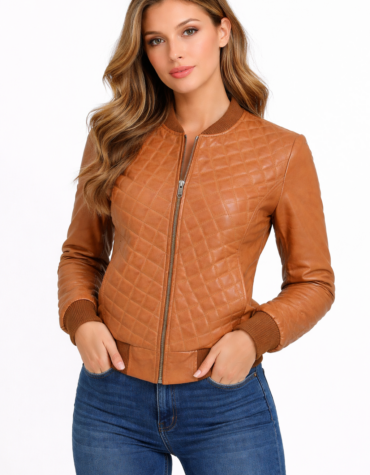 Tan Quilted Genuine Leather Bomber Jacket for Women