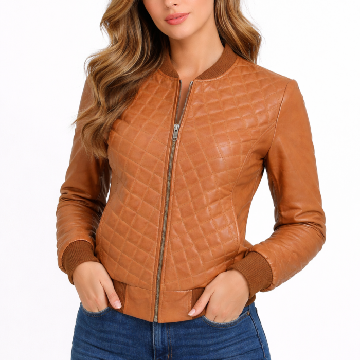 Tan Quilted Genuine Leather Bomber Jacket for Women