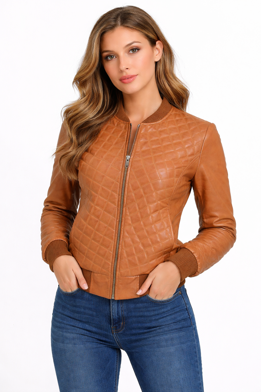 Tan Quilted Genuine Leather Bomber Jacket for Women Tan Quilted Genuine Leather Bomber Jacket for Women