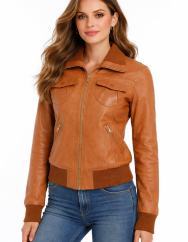 Tan Lambskin Leather Bomber Jacket for Women