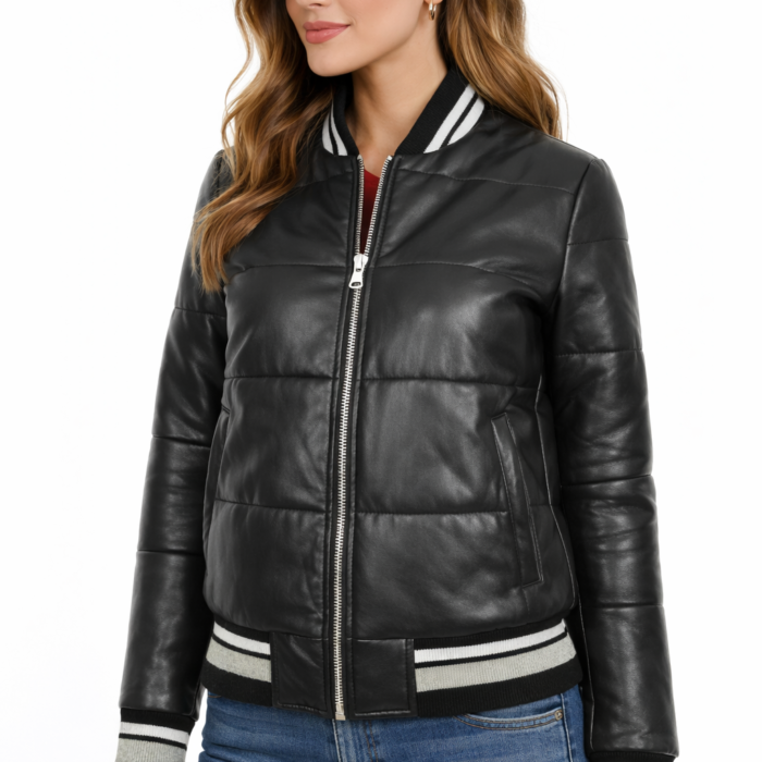 Women's Real Leather Puffer Bomber Jacket