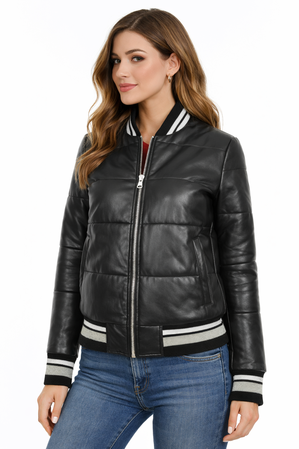 Women's Real Leather Puffer Bomber Jacket Women's Real Leather Puffer Bomber Jacket