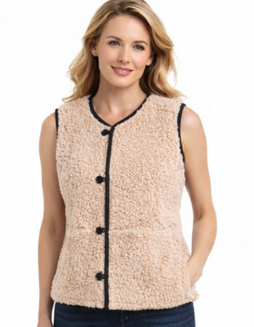 Beige Borg Faux Leather Trim Gilet for Women