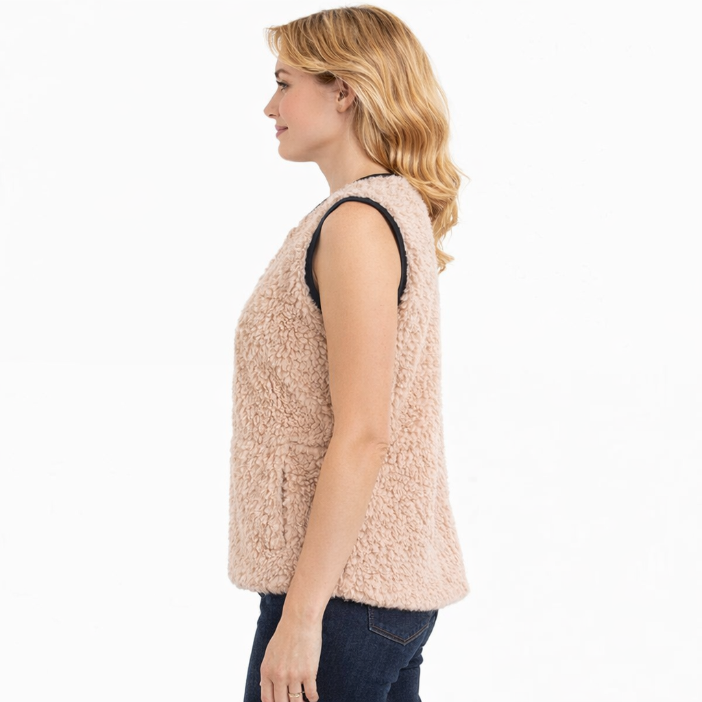 Beige Borg Faux Leather Trim Gilet for Women Beige Borg Faux Leather Trim Gilet for Women