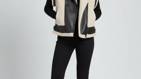 Faux Shearling & Leather Moto Vest in Black