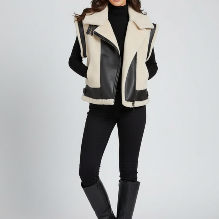 Faux Shearling & Leather Moto Vest in Black