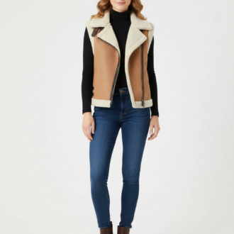 Women's Suede Leather Shearling Vest in Brown