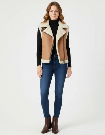 Women's Suede Leather Shearling Vest in Brown