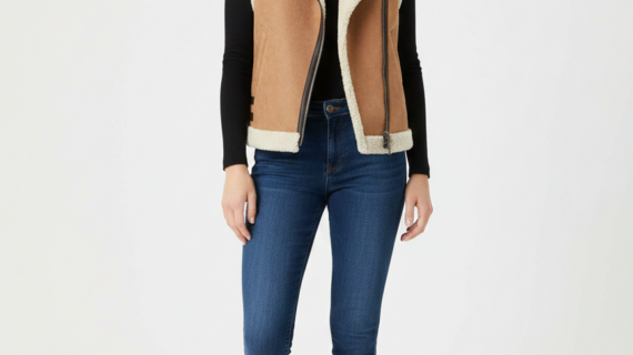 Women's Suede Leather Shearling Vest in Brown -